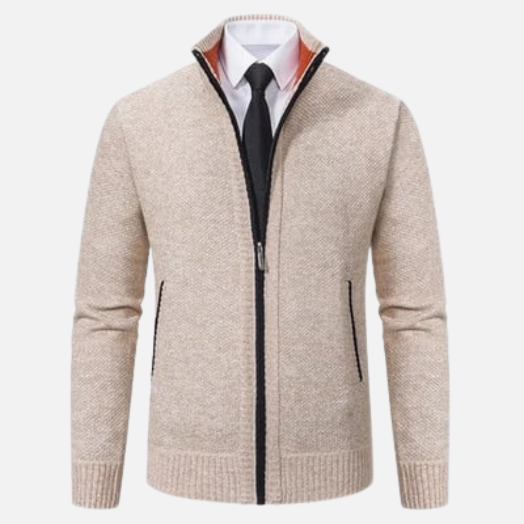 Full Zip Knitted Jacket - Ribbed Trim and Stand Collar
