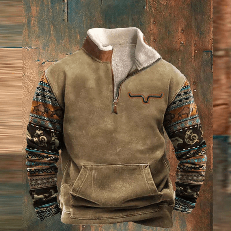 Quarter Zip Pullover | Patterned Sleeves with Kangaroo Pocket