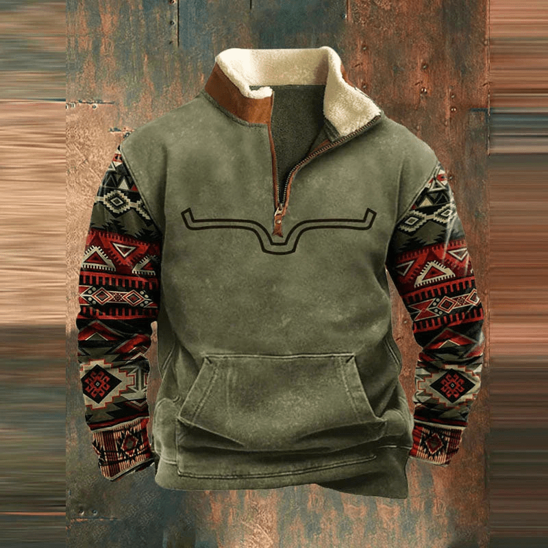 Quarter Zip Pullover - Patterned Sleeves with Kangaroo Pocket