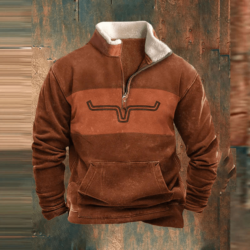 Quarter Zip Pullover - Patterned Sleeves with Kangaroo Pocket