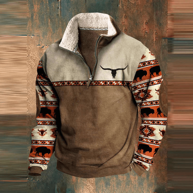 Quarter Zip Pullover | Patterned Sleeves with Kangaroo Pocket