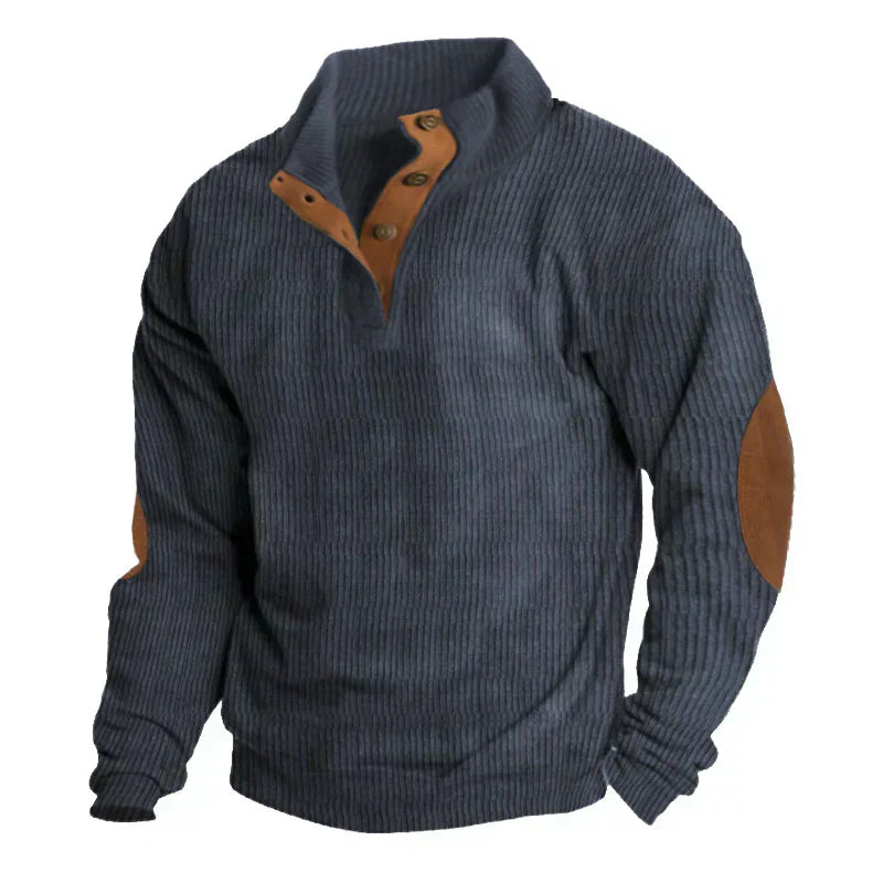 Half Button Knit Jumper - Ribbed Texture with Elbow Patches