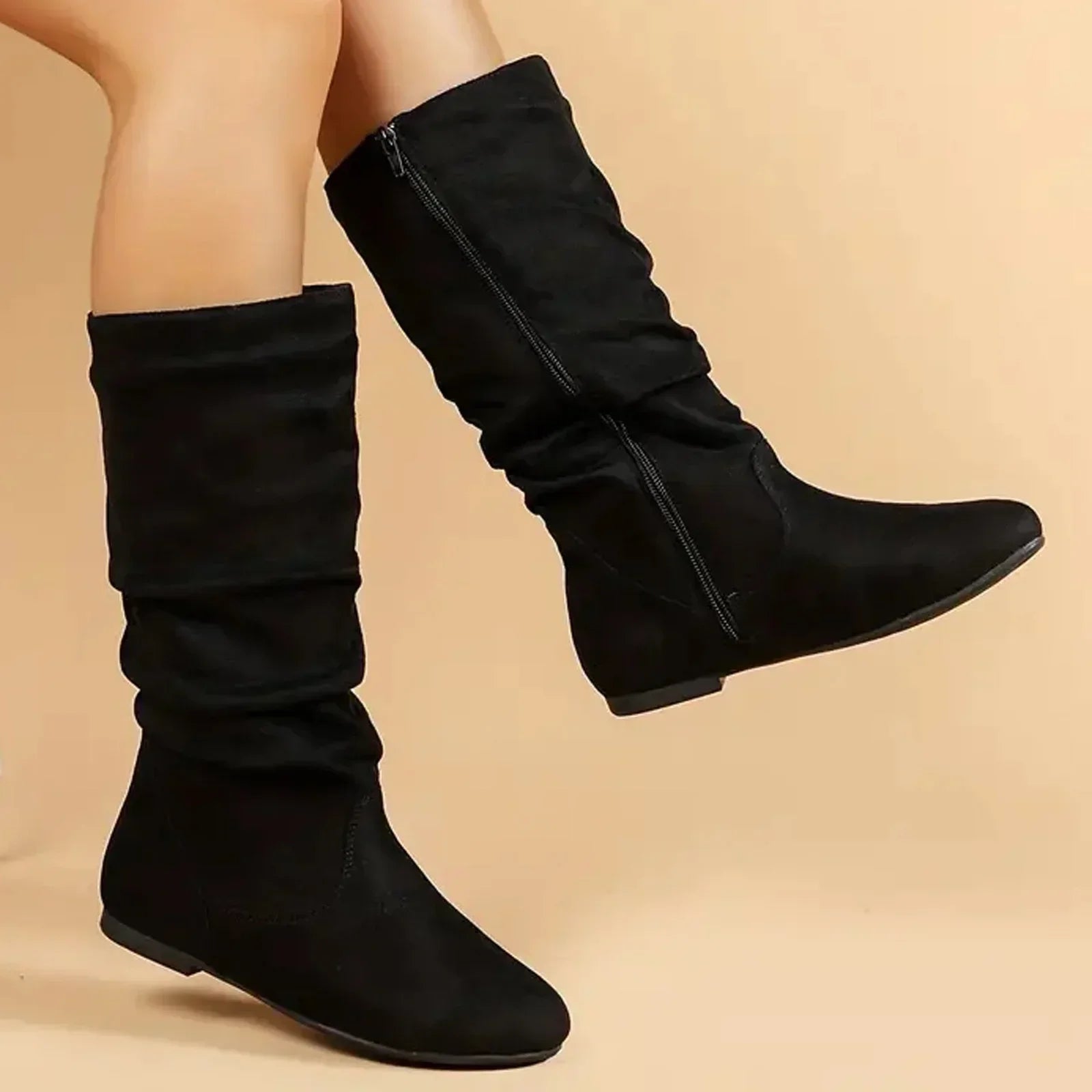 Mid Calf Boots - Flat Sole Slouch Style with Zip
