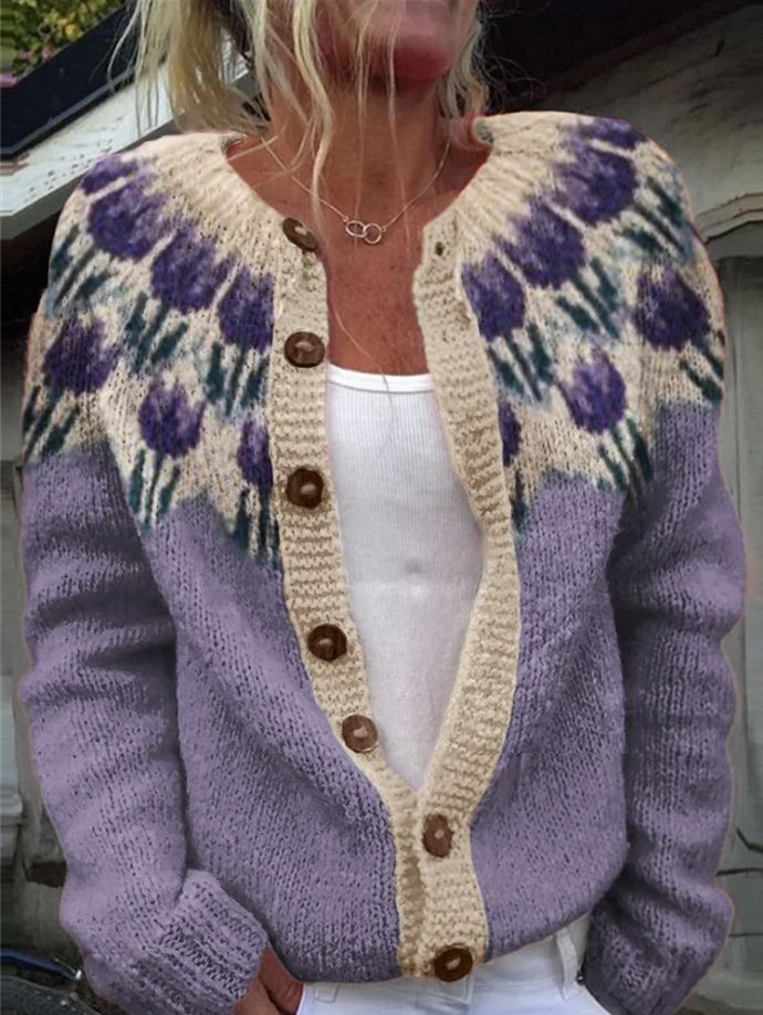 Patterned Knit Cardigan - Button Front Nordic Style
