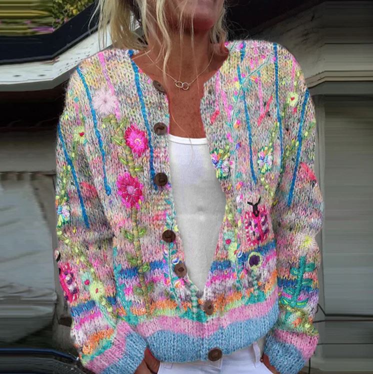 Button Up Knitted Cardigan - Embroidered Floral Pattern