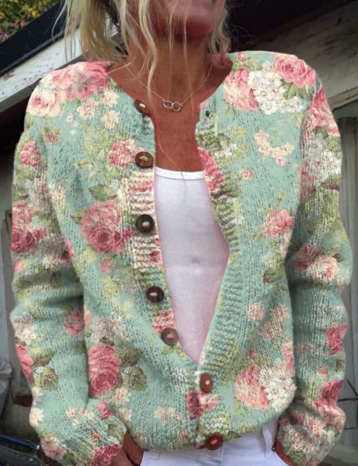 Button Up Knitted Cardigan - Embroidered Floral Pattern