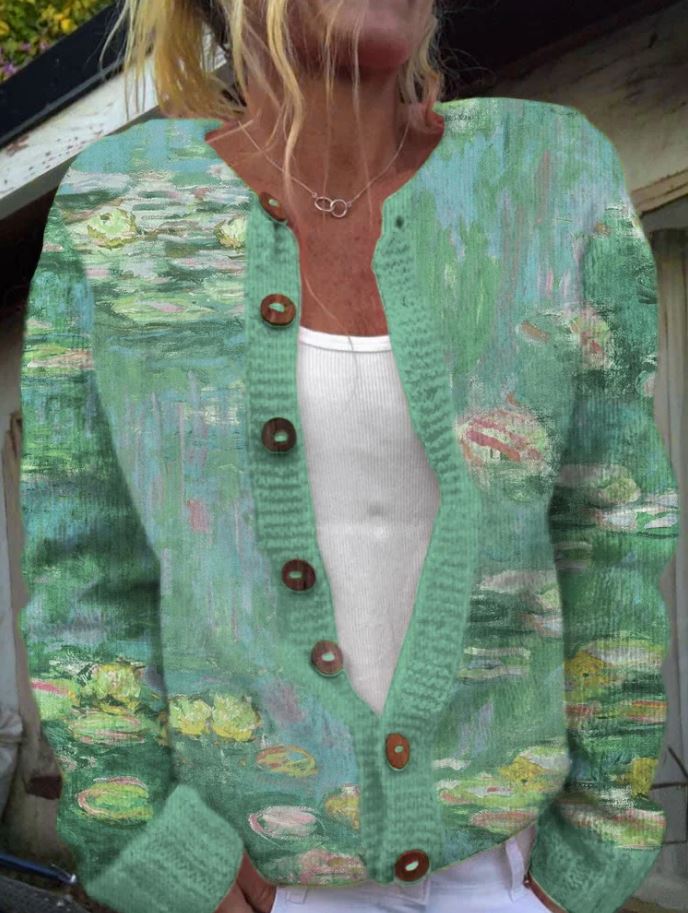 Button Front Cardigan - Artistic Print Design