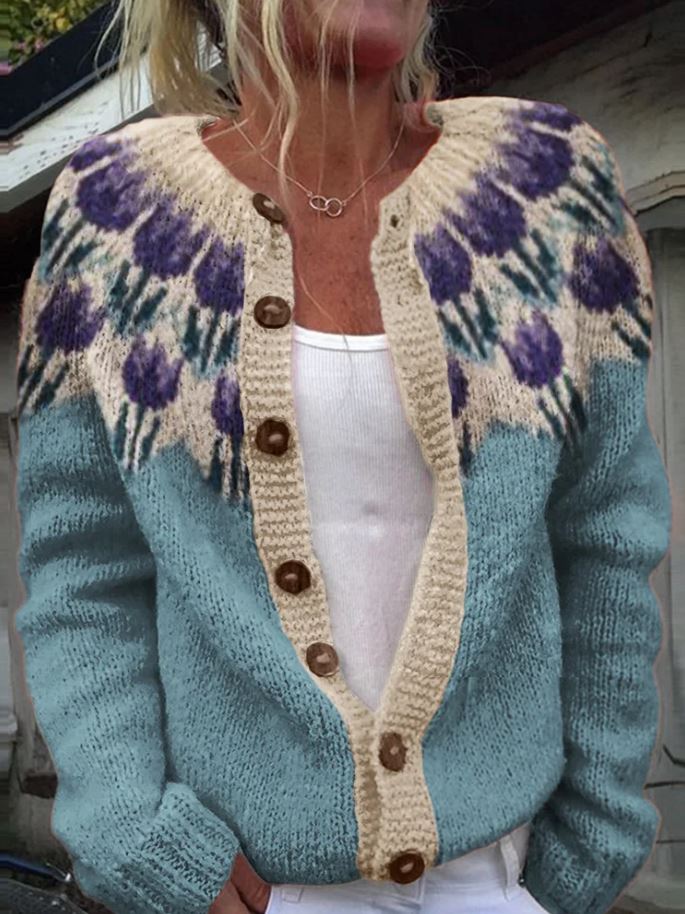 Patterned Knit Cardigan - Button Front Nordic Style