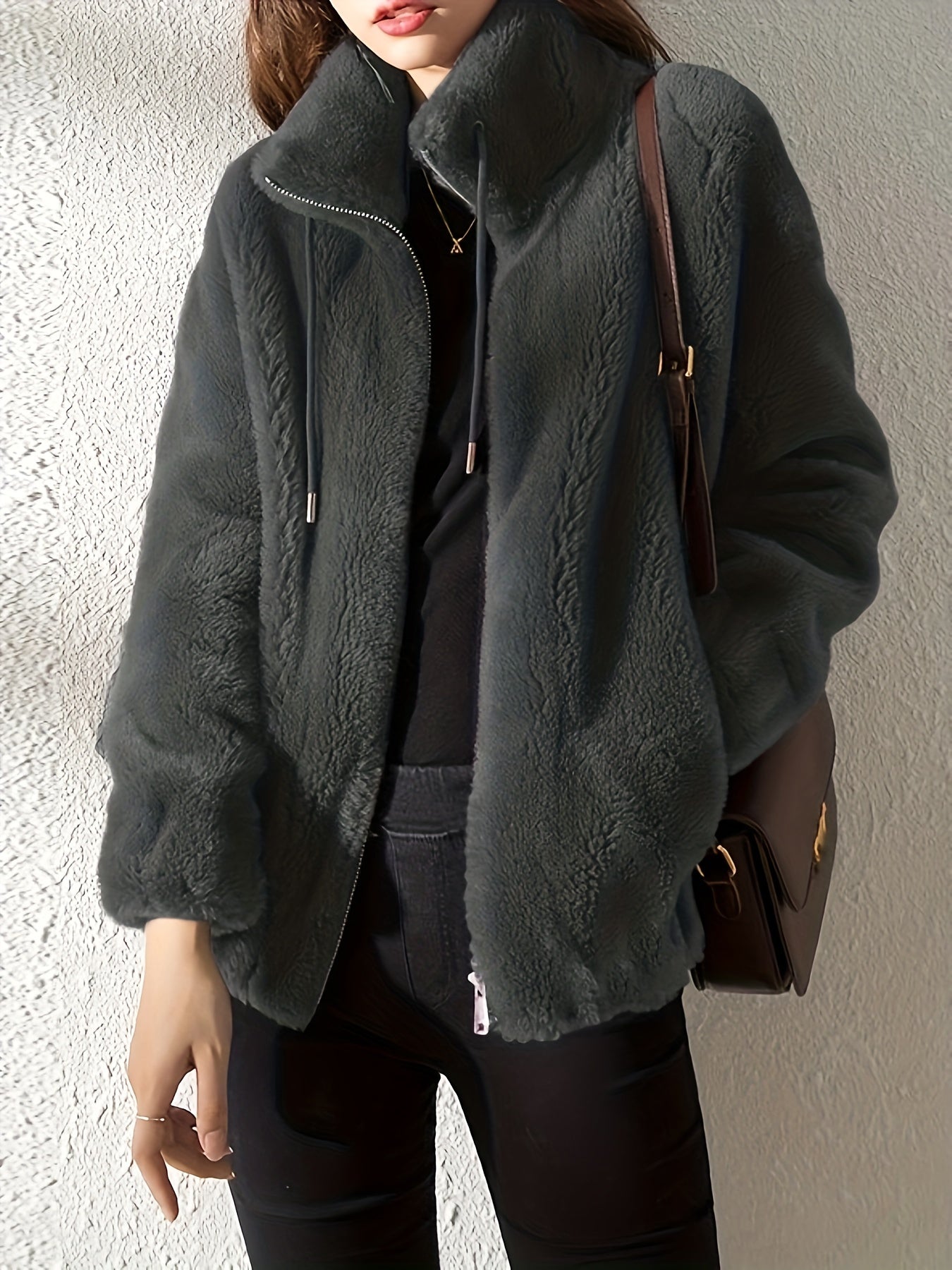 Teddy Jacket - High Neck Zip Up with Drawstring