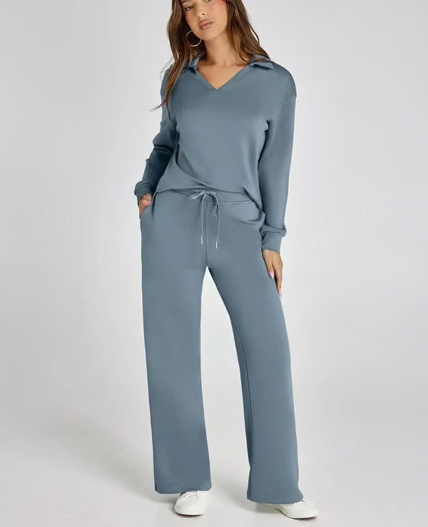 Loungewear Set - V Neck Top with Wide Leg Trousers