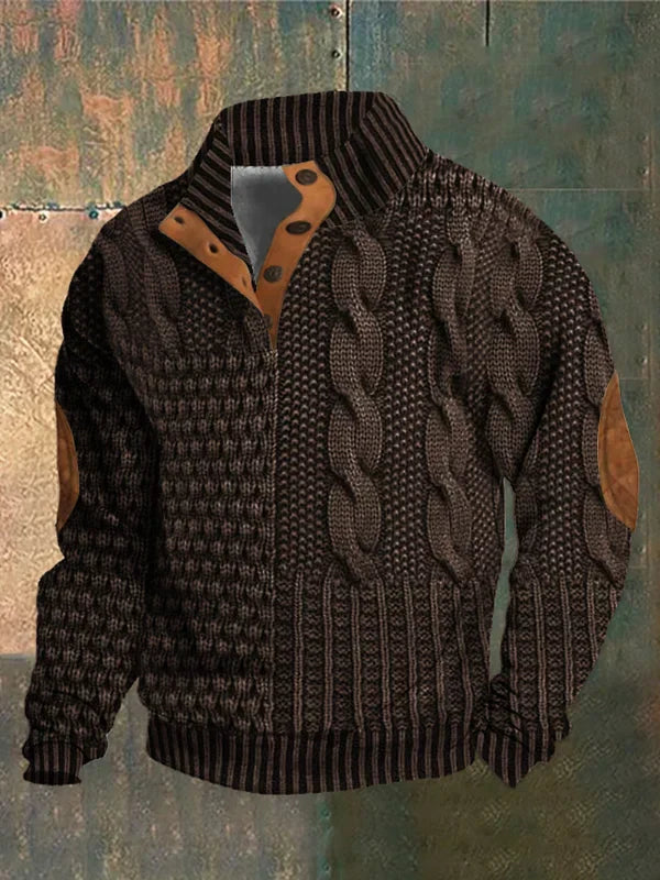 Patterned Knit Sweater - Button Collar with Textured Design