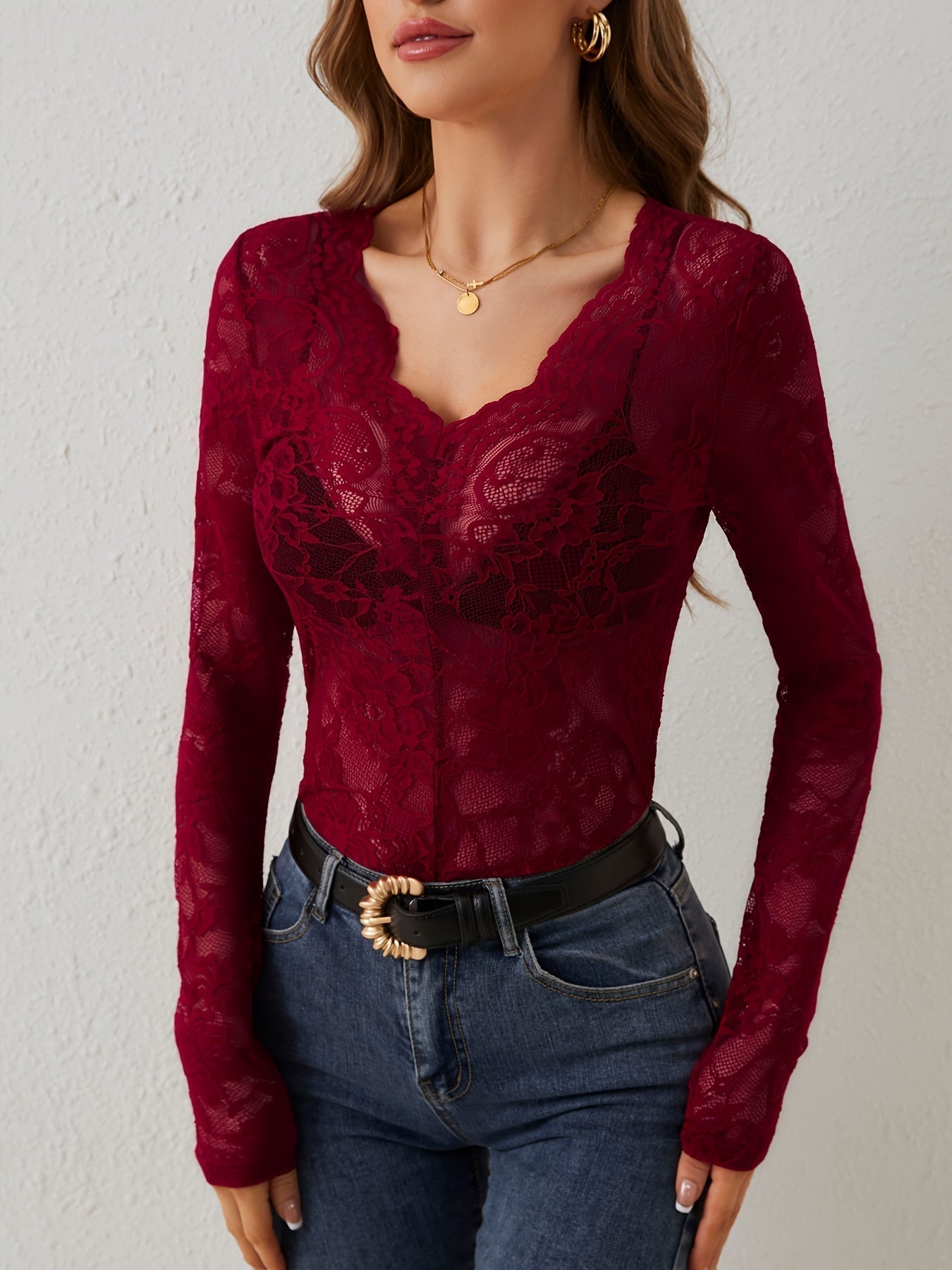 Long Sleeve Lace Top - Deep V Neck Fitted Style