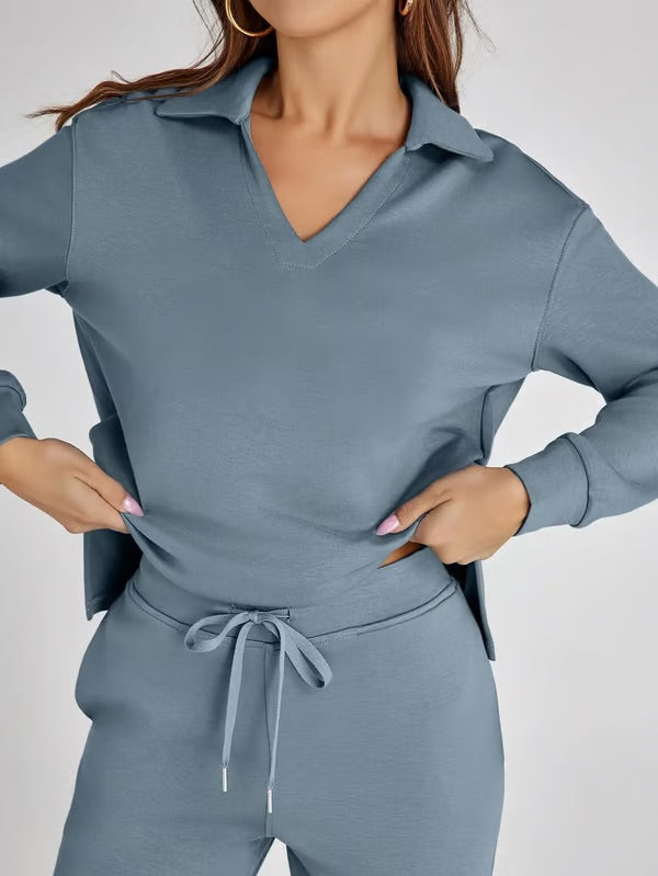 Loungewear Set - V Neck Top with Wide Leg Trousers