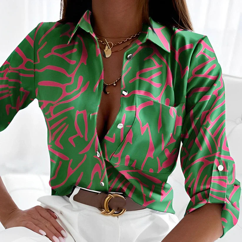 Long Sleeve Button Down Blouse - Collared Abstract Print