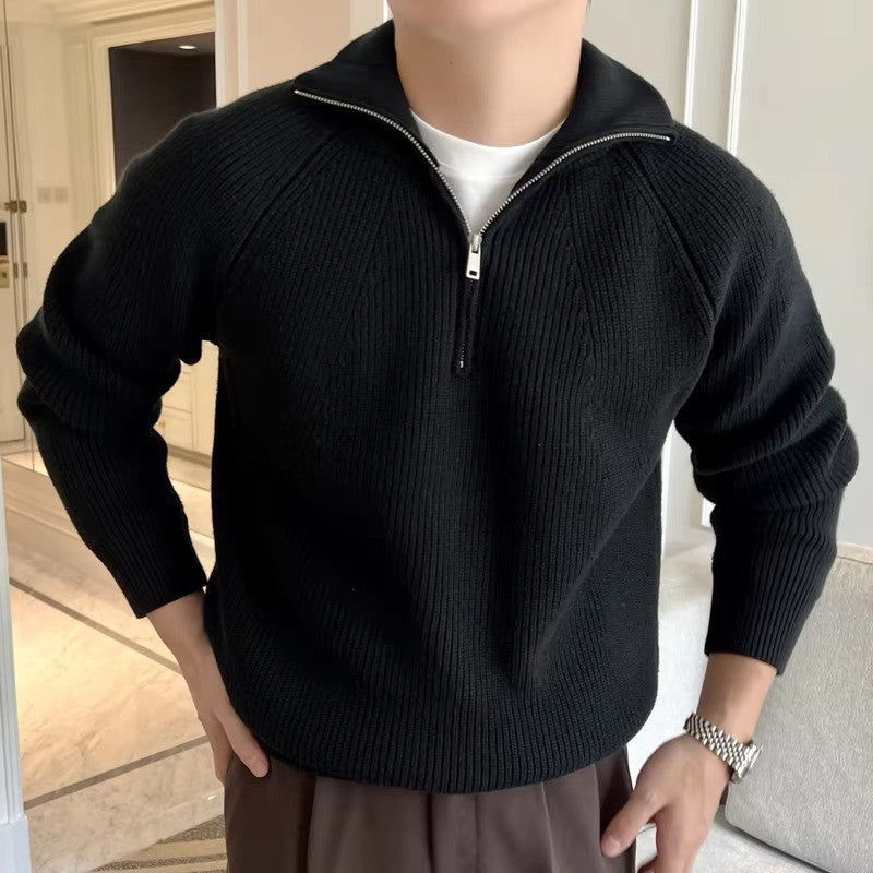 Half Zip Jumper - Ribbed Knit with Relaxed Fit