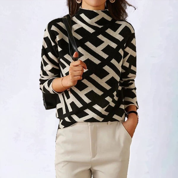 Long Sleeve Knit Jumper - Geometric Mock Neck