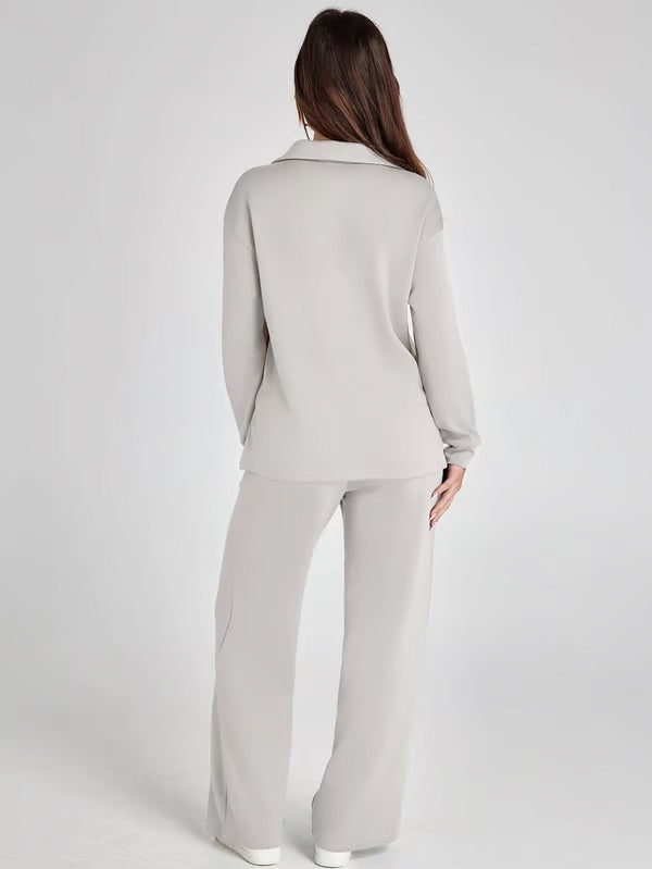 Loungewear Set - V Neck Top with Wide Leg Trousers