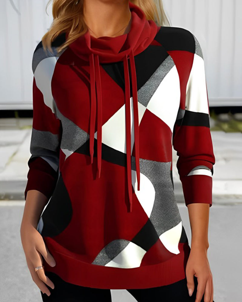 Cowl Neck Long Sleeve Top - Abstract Print Design
