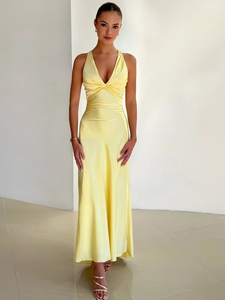 Women’s Backless Maxi Dress | Cross Back Tie Waist Evening Dress