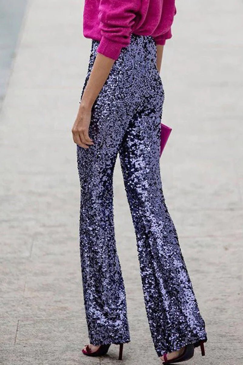 High Waist Flared Trousers - All Over Sequin Finish