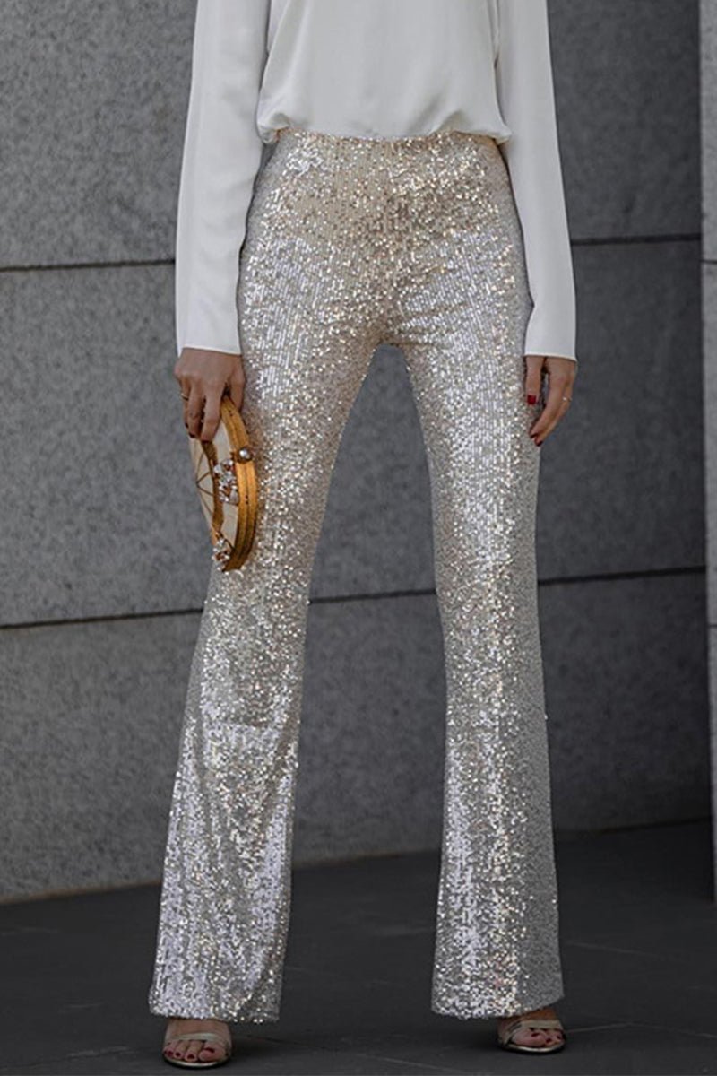 High Waist Flared Trousers - All Over Sequin Finish