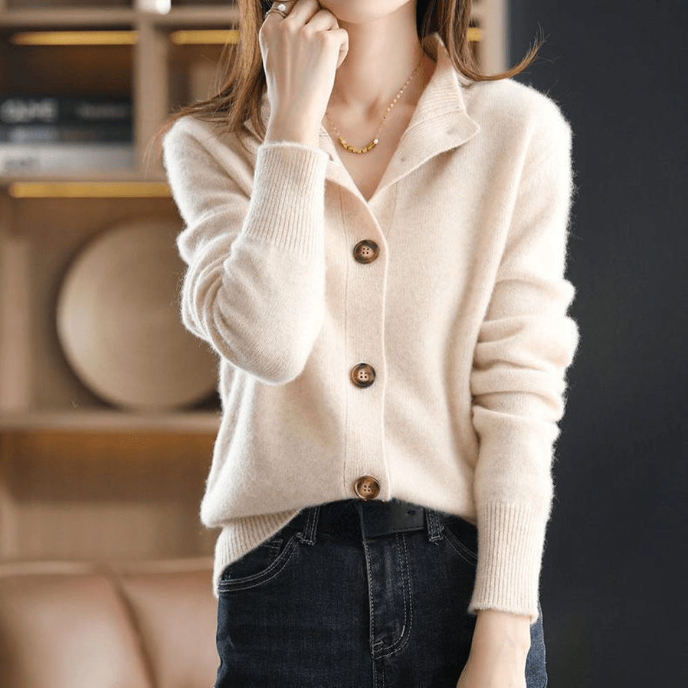 Button Front Knit Cardigan - Collared Neck
