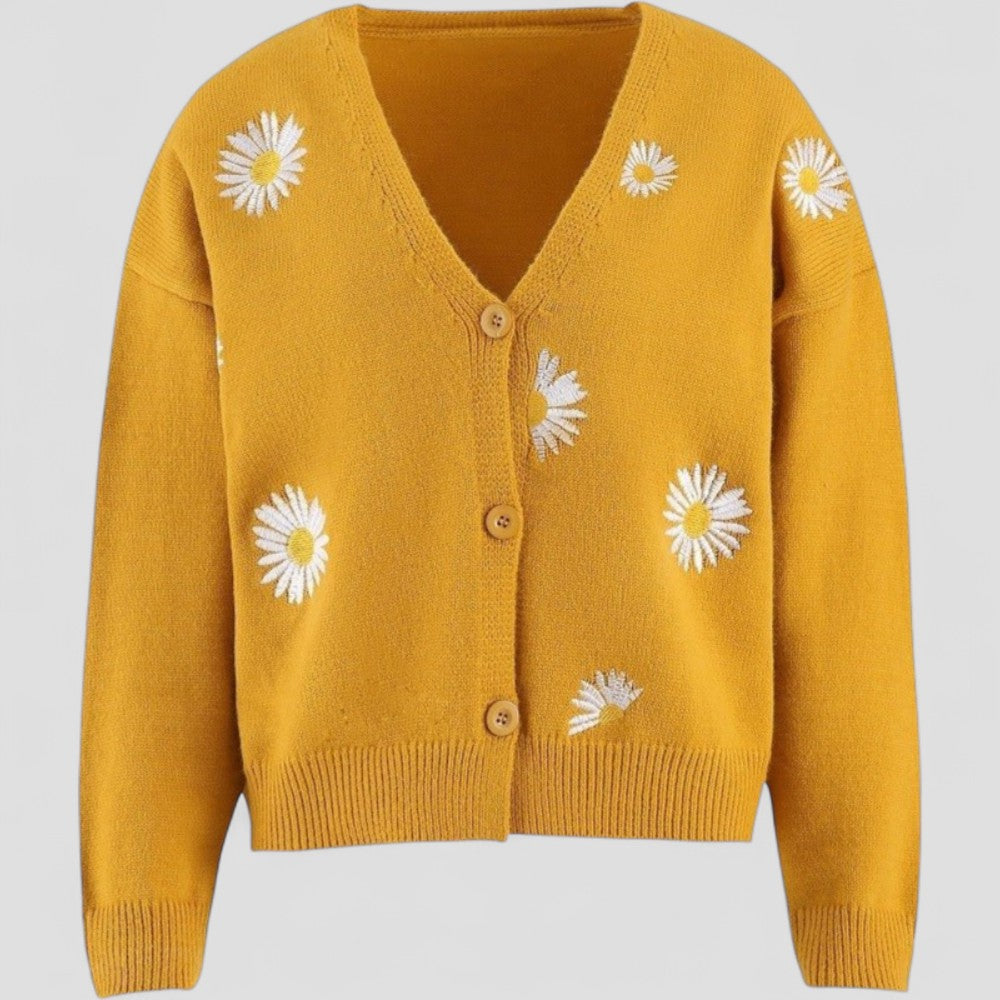 V Neck Button Up Cardigan - Floral Embroidery