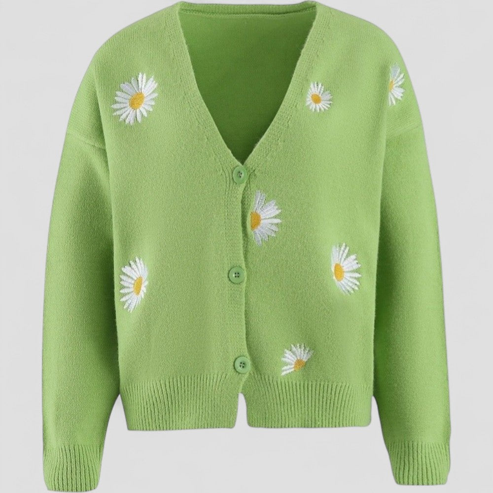 V Neck Button Up Cardigan - Floral Embroidery