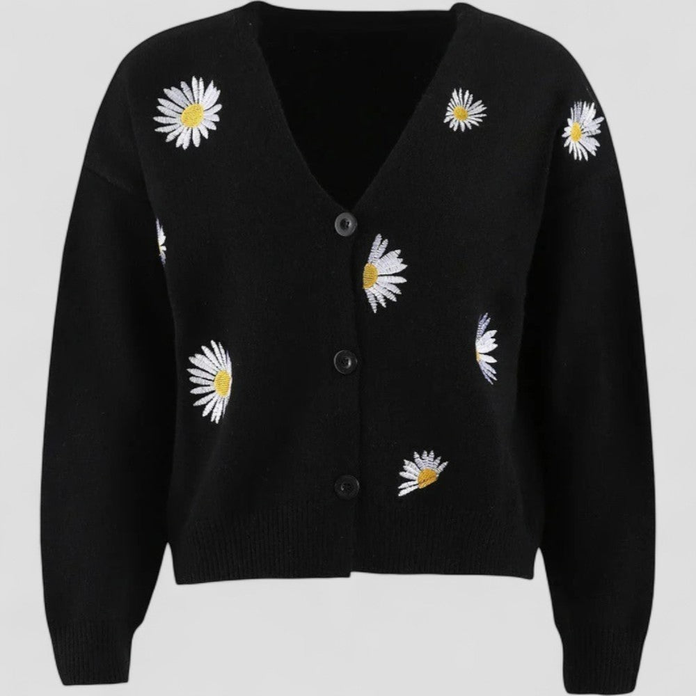 V Neck Button Up Cardigan - Floral Embroidery