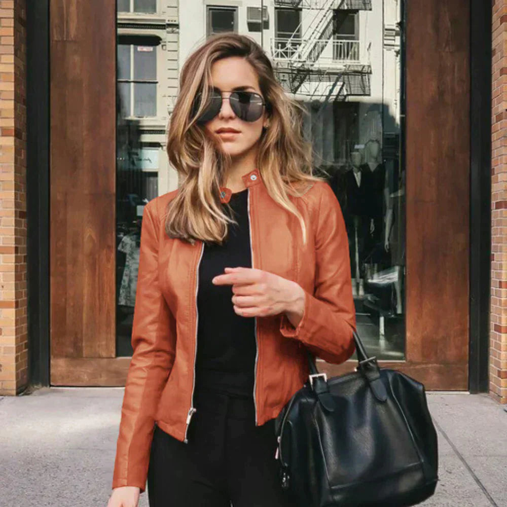 Fitted Biker Jacket - Zip Front Stand Collar