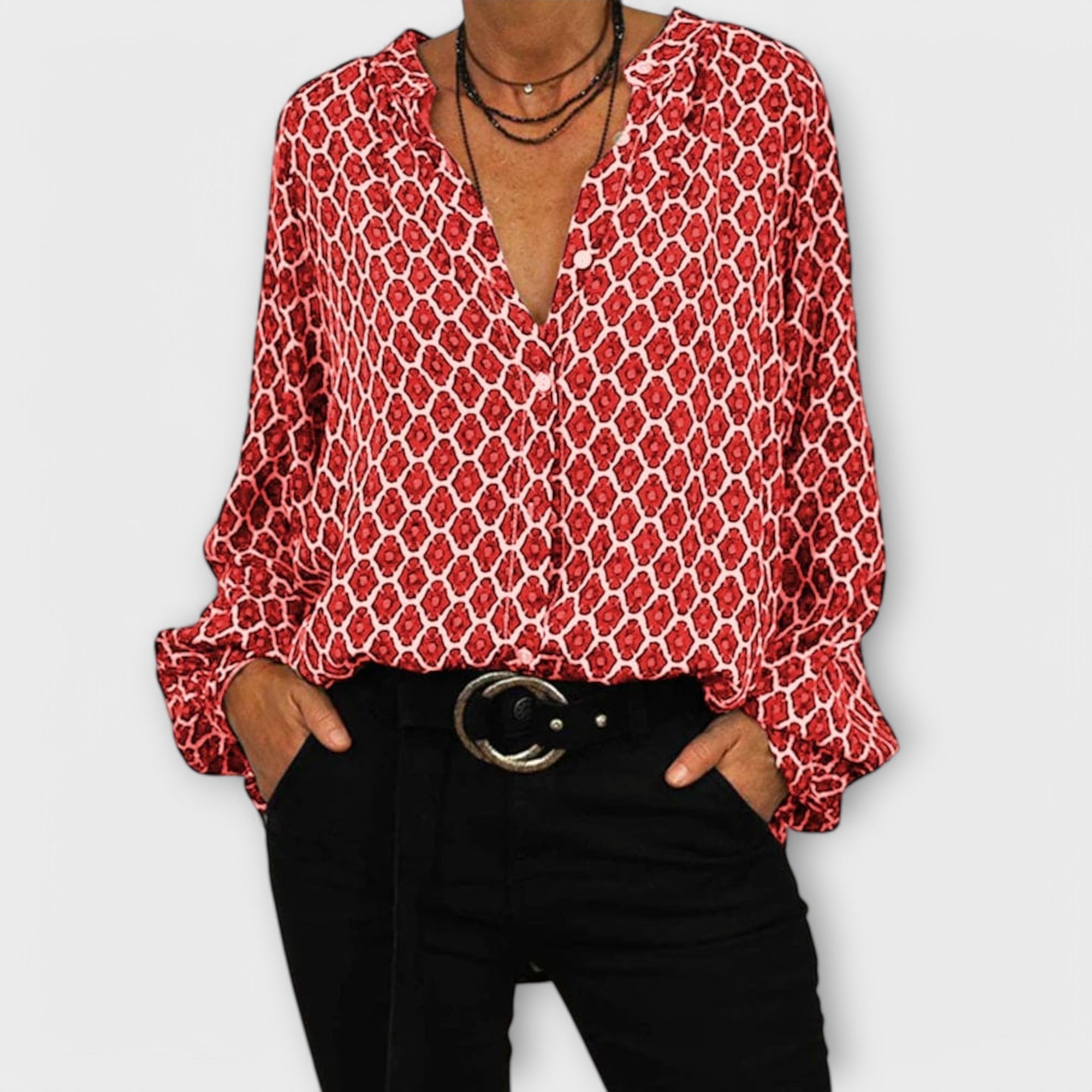 Long Sleeve Blouse | V Neck Button Design
