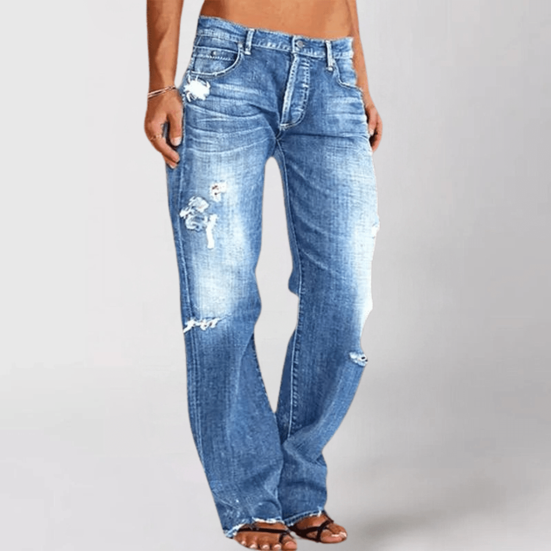 Wide Leg Jeans - Distressed Ripped Style