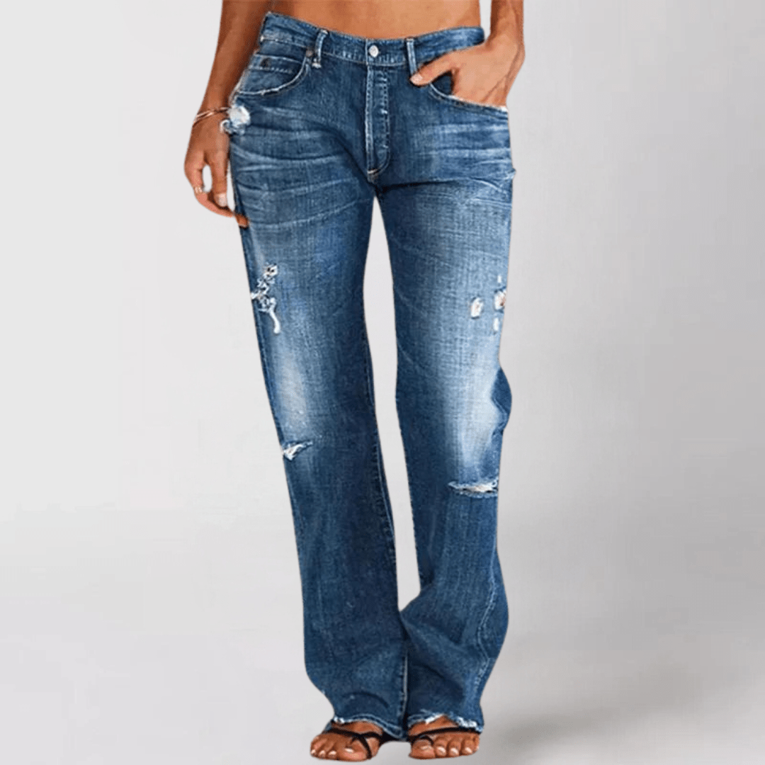 Wide Leg Jeans - Distressed Ripped Style