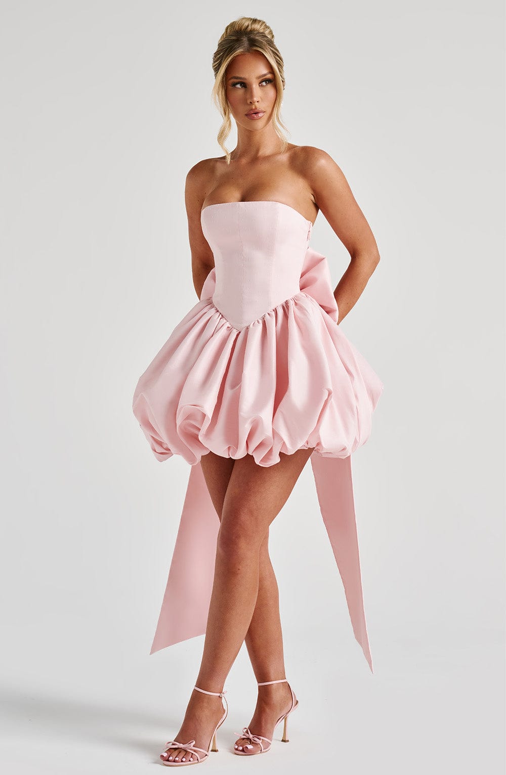 Women’s Strapless Puff Ball Mini Dress | Boned Bodice Lace Up Back With Detachable Bow