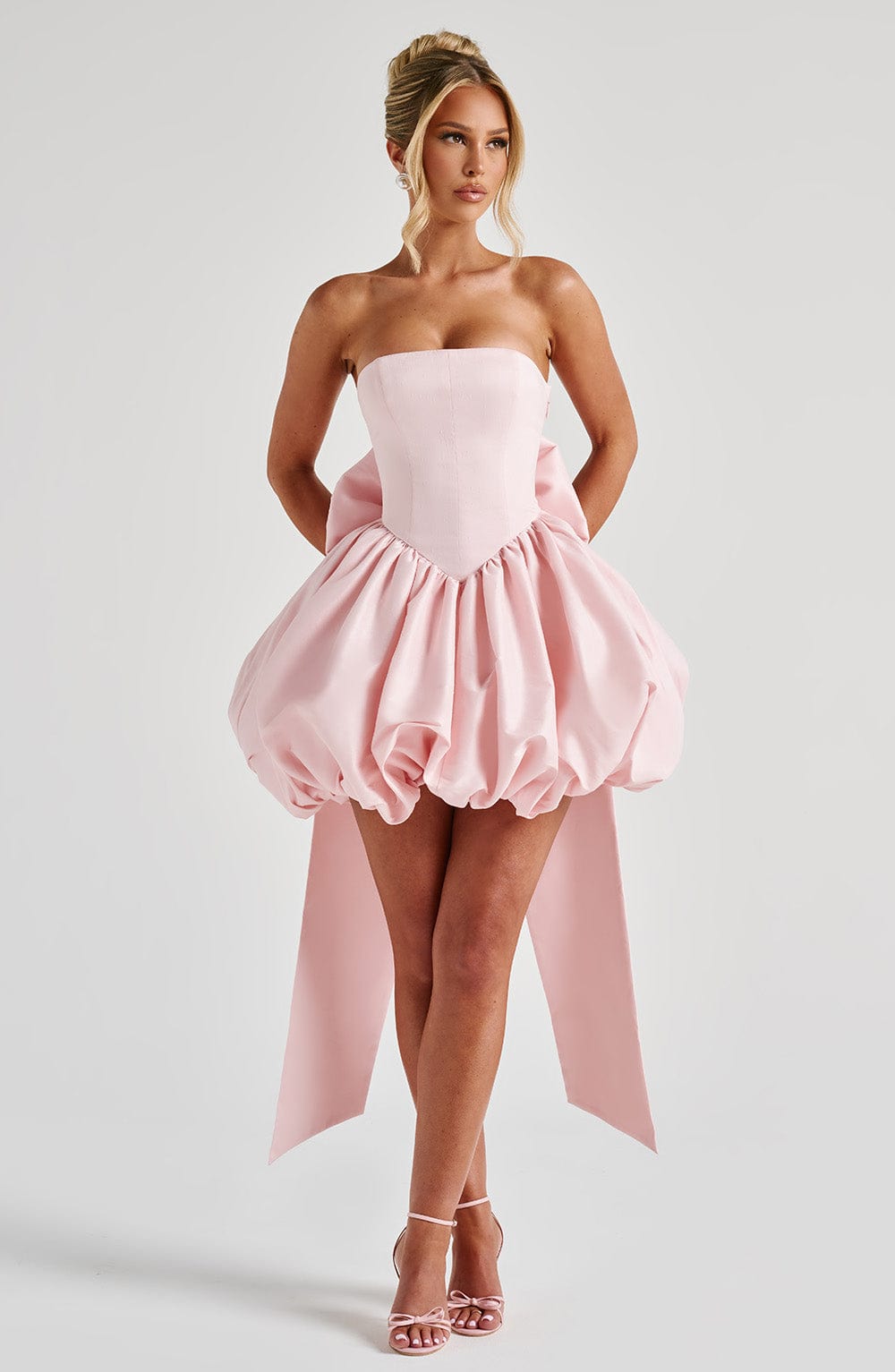 Women’s Strapless Puff Ball Mini Dress | Boned Bodice Lace Up Back With Detachable Bow