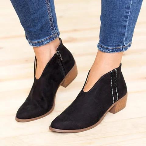 Ankle Boots - Low Block Heel with V Cut Design