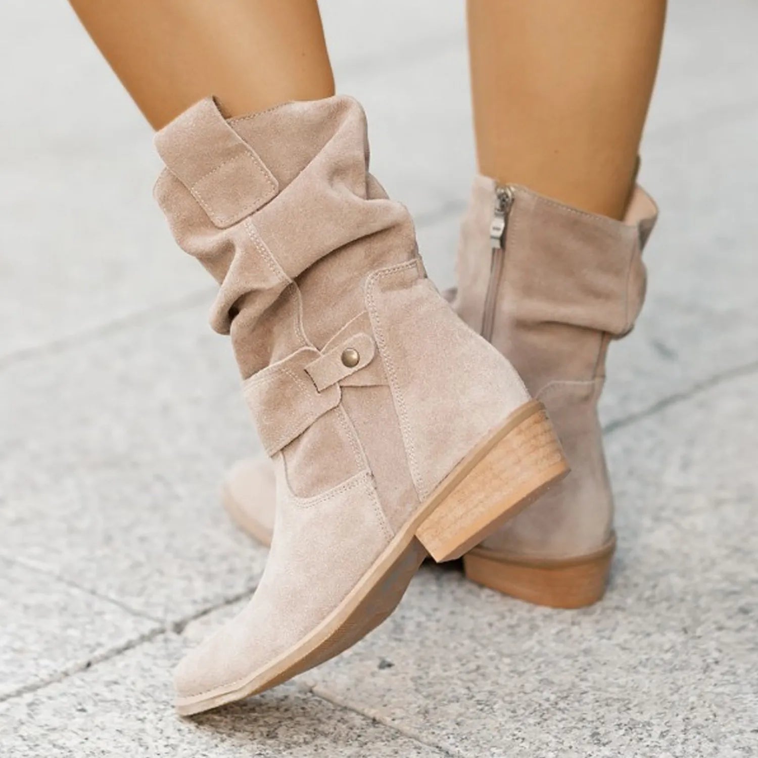 Slouch Ankle Boots - Side Zip with Mid Block Heel