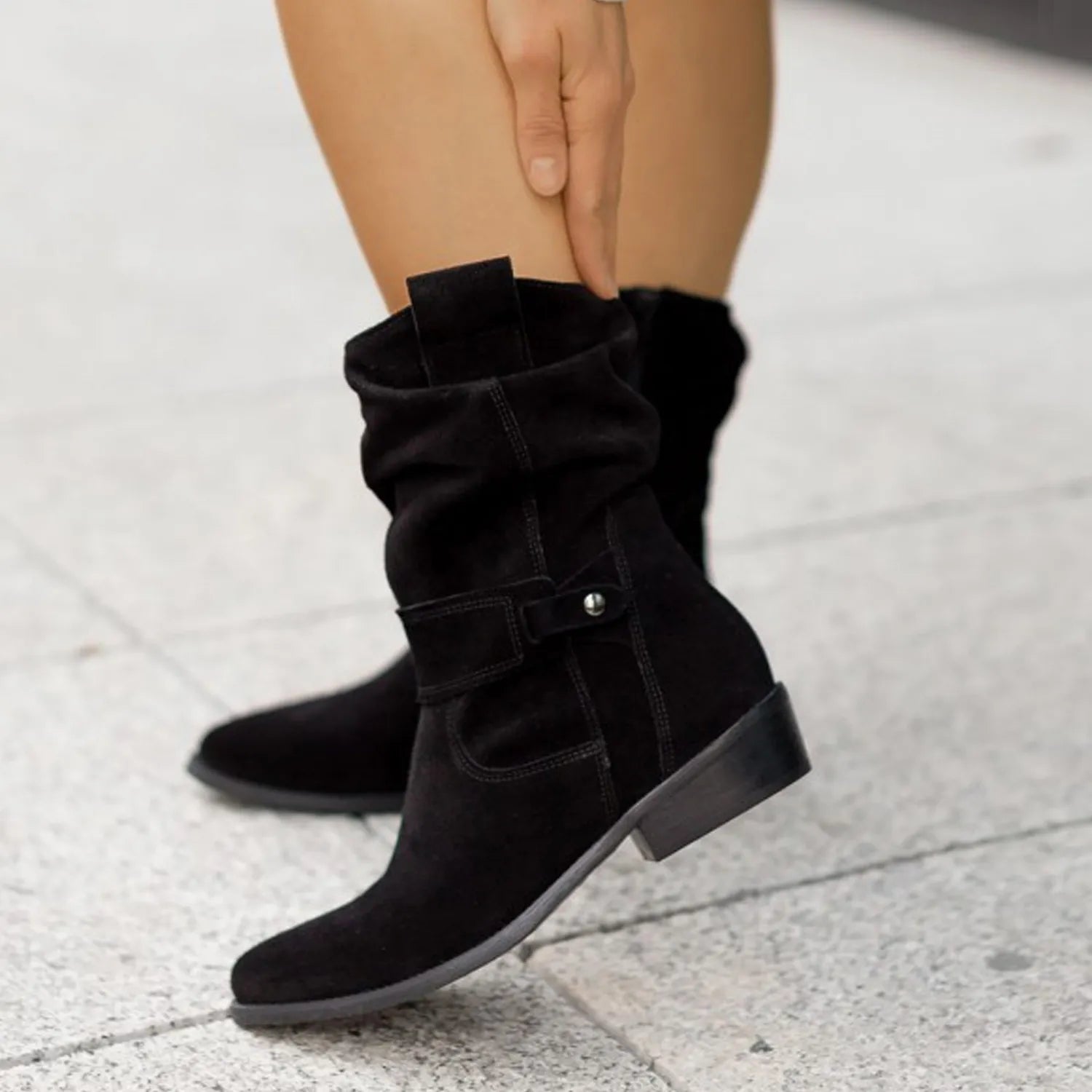 Slouch Ankle Boots - Side Zip with Mid Block Heel