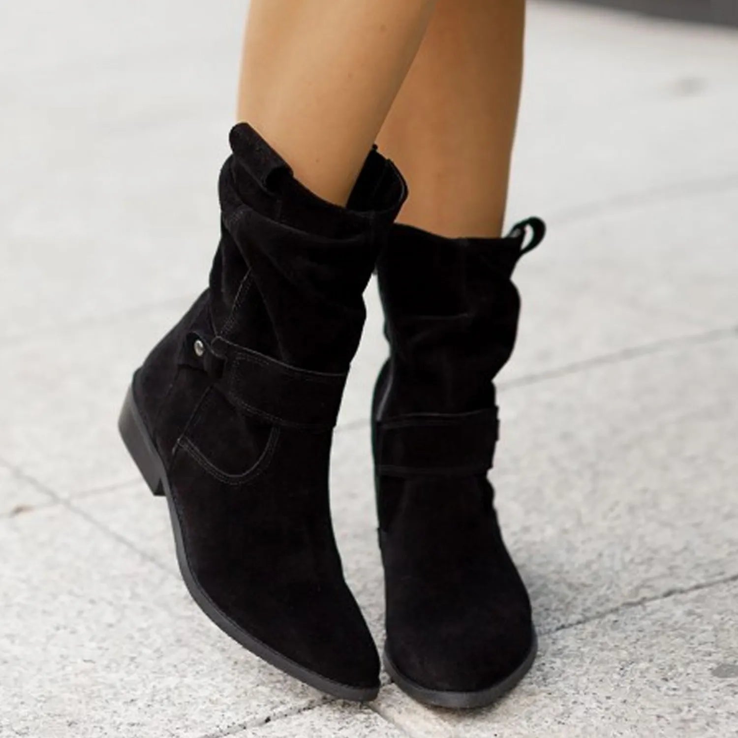 Slouch Ankle Boots - Side Zip with Mid Block Heel
