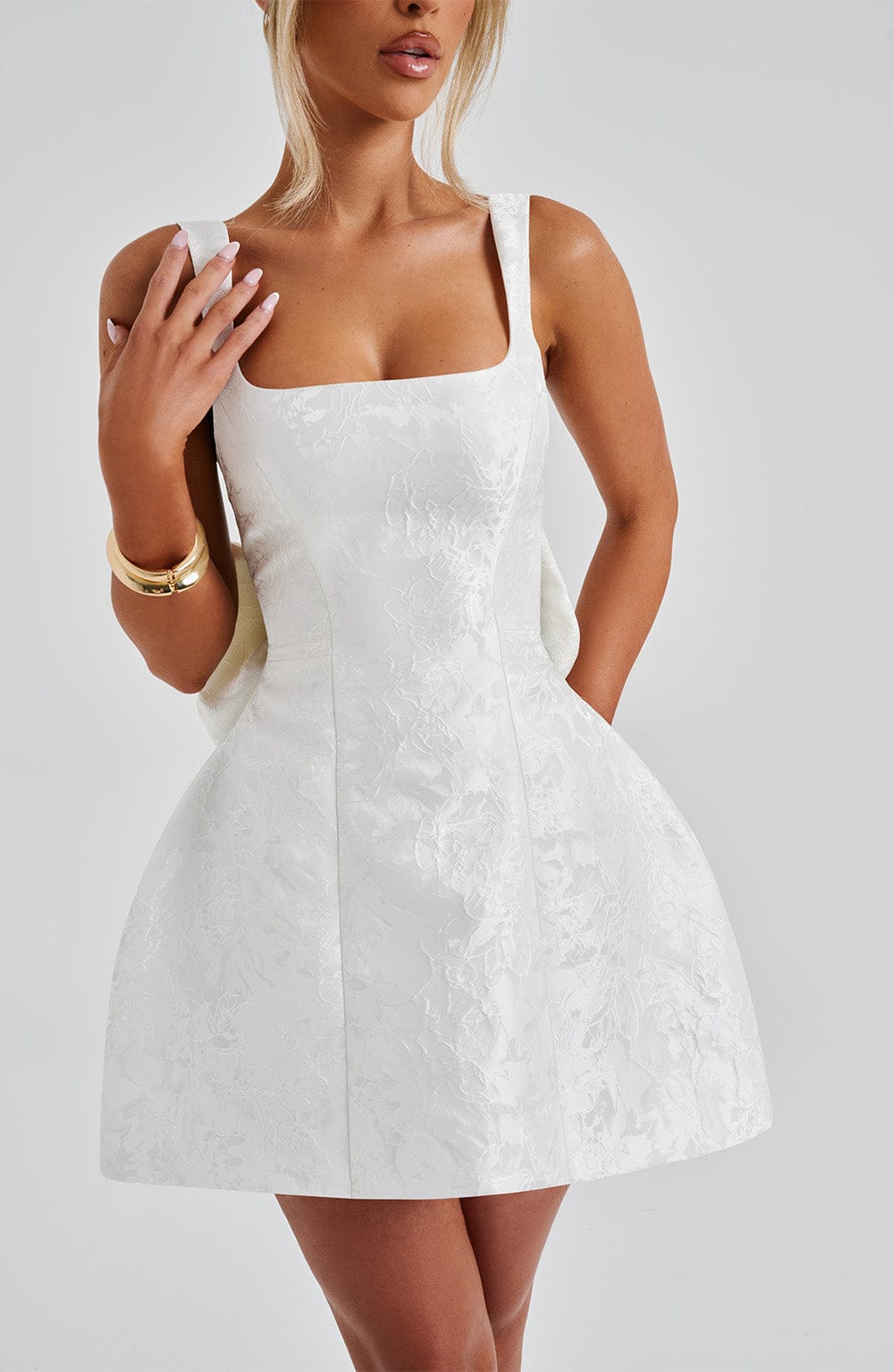 Women’s Square Neck Tulip Mini Dress | Detachable Bow Lace Up Back