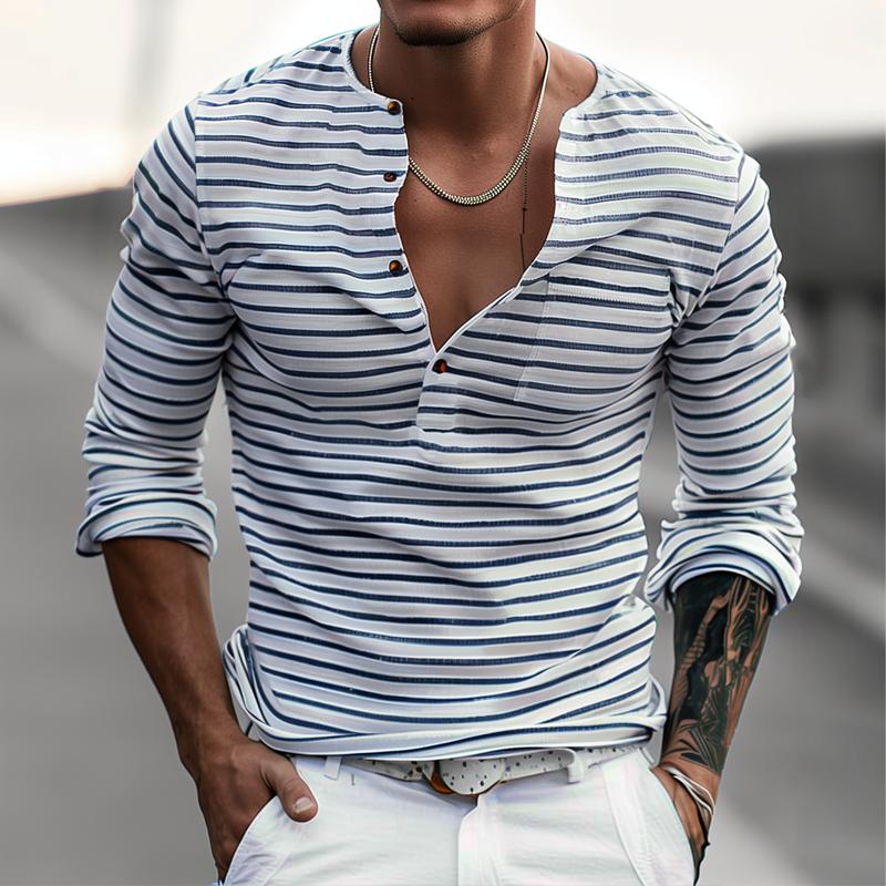 Long Sleeve Henley Shirt | Striped Button Neck