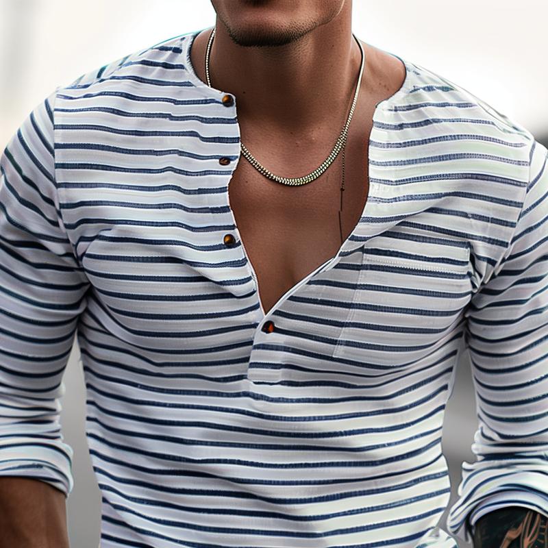 Long Sleeve Henley Shirt | Striped Button Neck