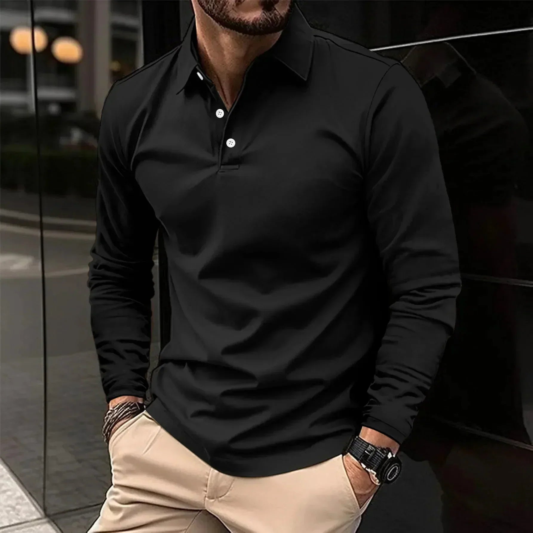 Long Sleeve Polo Shirt - Classic Button Neck