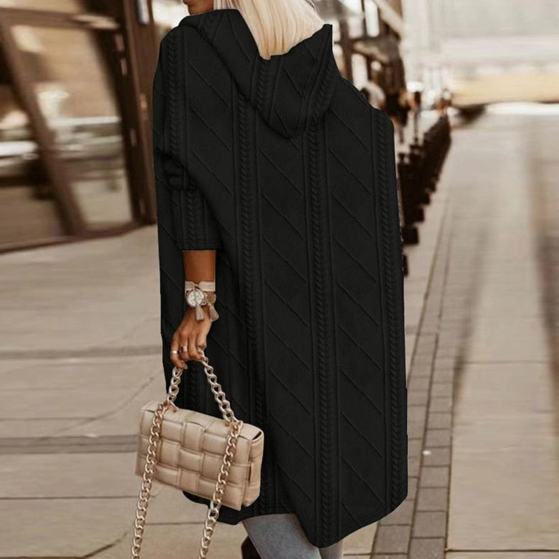 Long Knit Cardigan - Hooded Open Front
