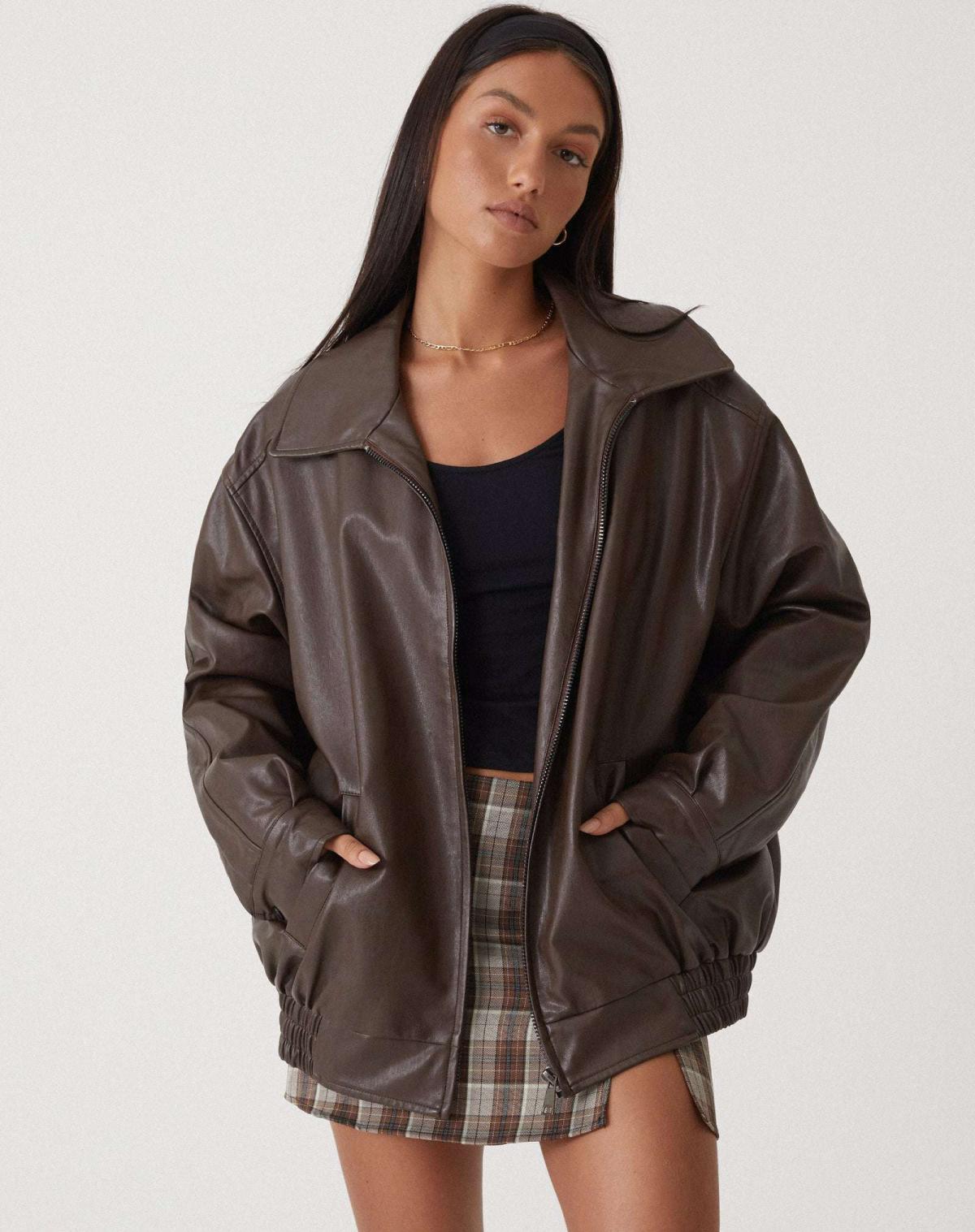 Oversized Bomber Jacket - Zip Front with Wide Collar