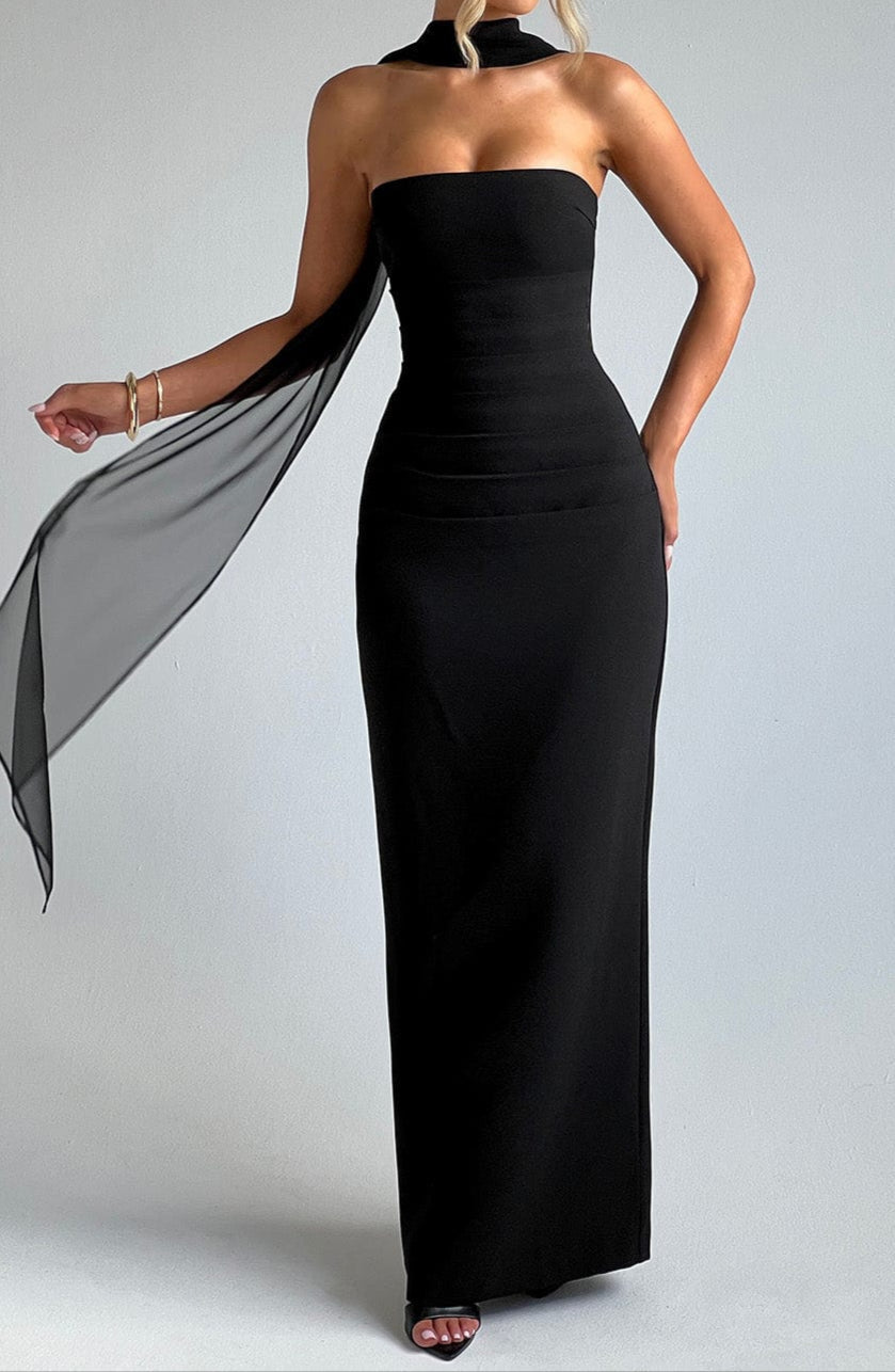 Women’s Strapless Column Maxi Dress | Removable Scarf Evening Gown
